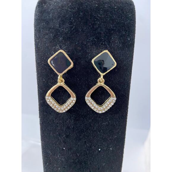 Geometric Black enamel and rhinestone earrings - Picture 1 of 4